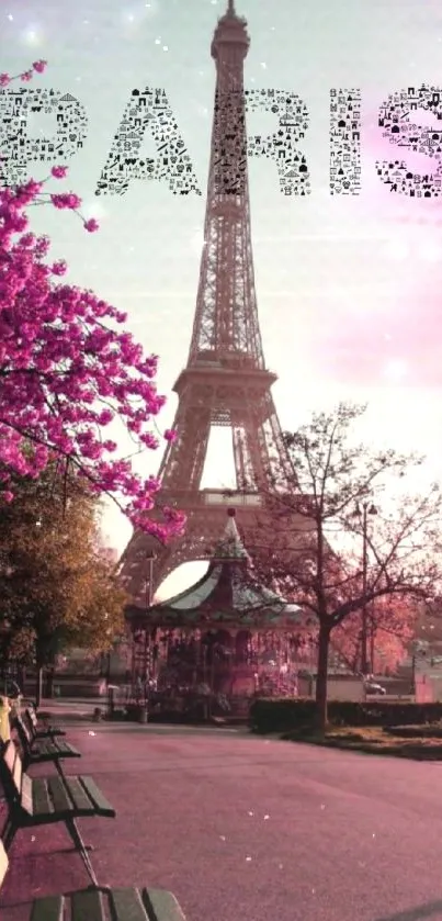 Paris Eiffel Tower with pink blossoms and a park view.