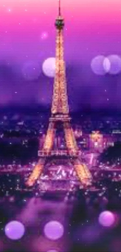 Dreamy Eiffel Tower glowing at night with purple background.