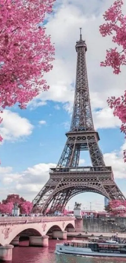 Eiffel Tower surrounded by pink blossoms and clear blue sky.