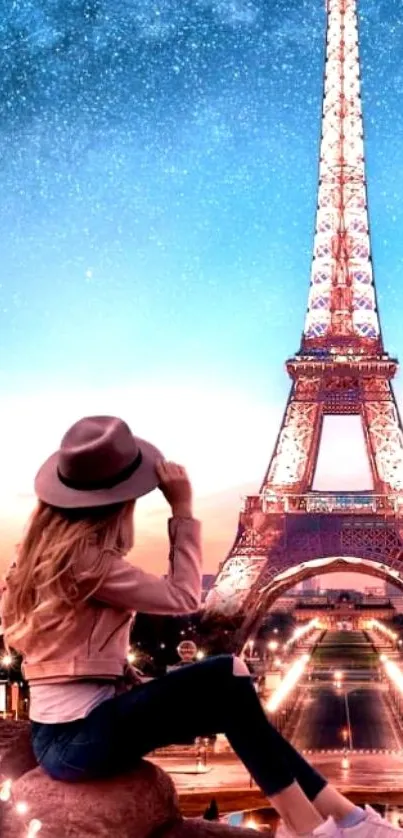 Woman admires Eiffel Tower under starry blue Paris sky.