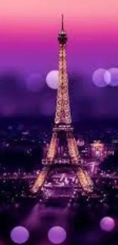 Eiffel Tower at night with purple and pink hues, perfect for wallpaper.