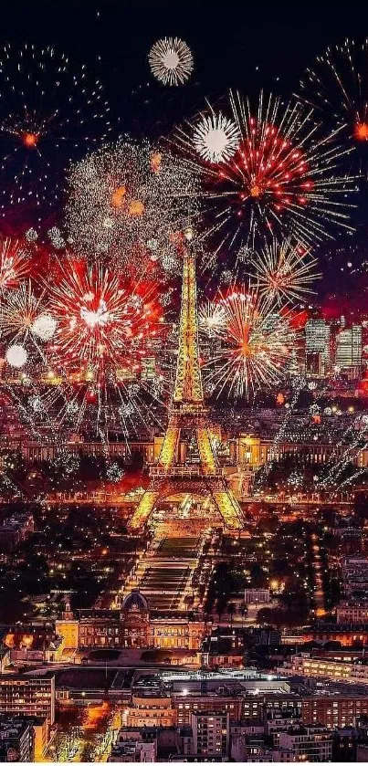 Paris skyline with fireworks over the Eiffel Tower at night, showcasing a vibrant display.