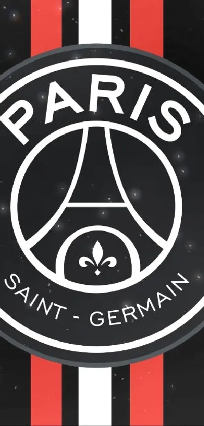 Paris Saint-Germain logo with red, white, and black strips on a phone wallpaper.