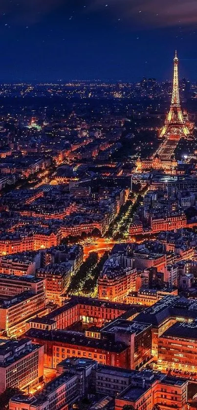 Illuminated Eiffel Tower overlooking Paris at night.