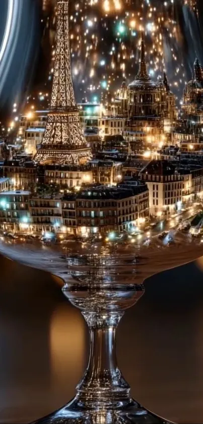 Wine glass reflecting Paris cityscape with iconic landmarks and lights.