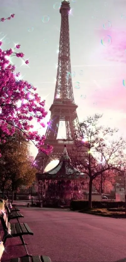 Eiffel Tower with pink blossoms in Paris.