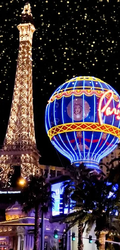 Eiffel Tower and neon balloon in Paris Las Vegas at night.