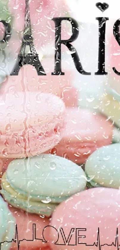Paris wallpaper with macarons and raindrop effect, featuring pastel colors.