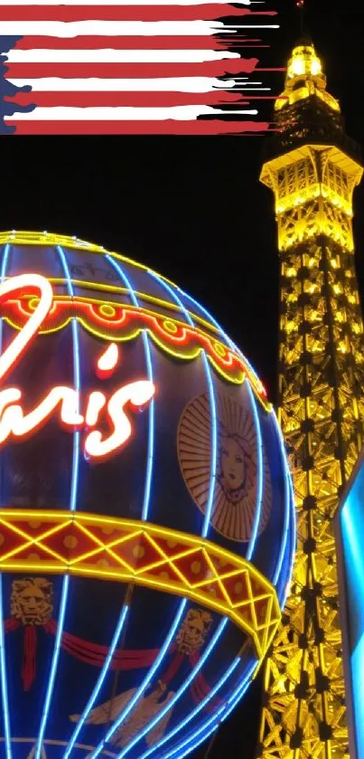 Vibrant Parisian night scene with neon lights and Eiffel Tower glow.