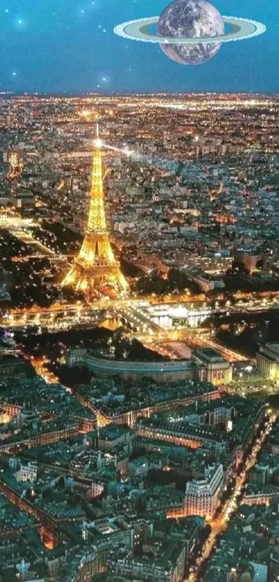 Paris night skyline with ringed Earth over Eiffel Tower.