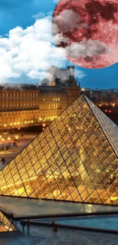 Paris cityscape with Louvre and red moon at night.