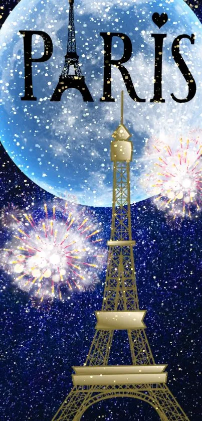 Paris wallpaper with Eiffel Tower, moon, and fireworks.