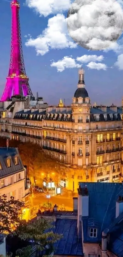 Paris cityscape with moon and Eiffel Tower at night.