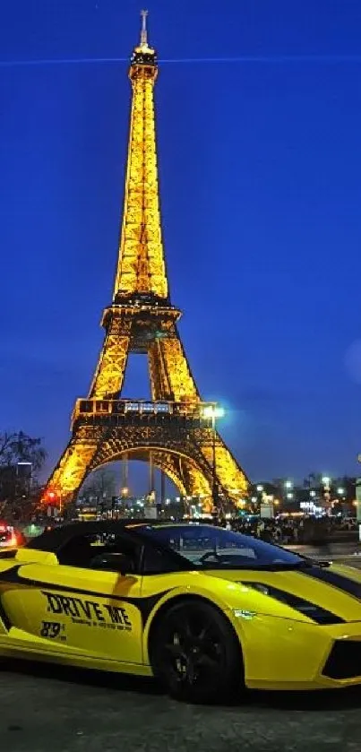 Yellow sports car under Eiffel Tower at night, Paris scene.