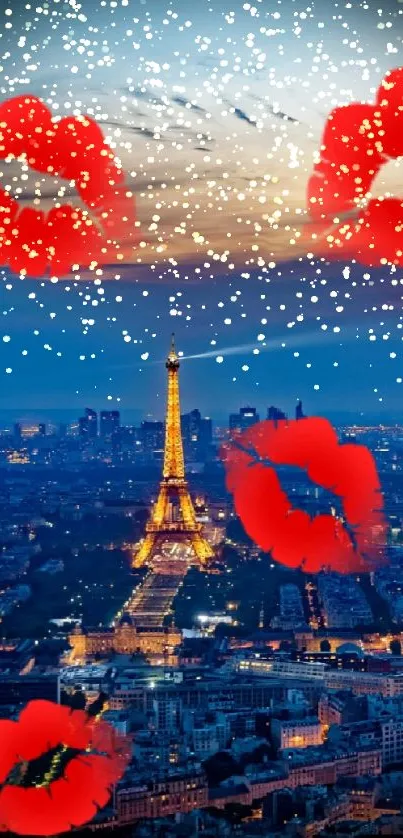 Paris nightscape with red lips art and skyline view.