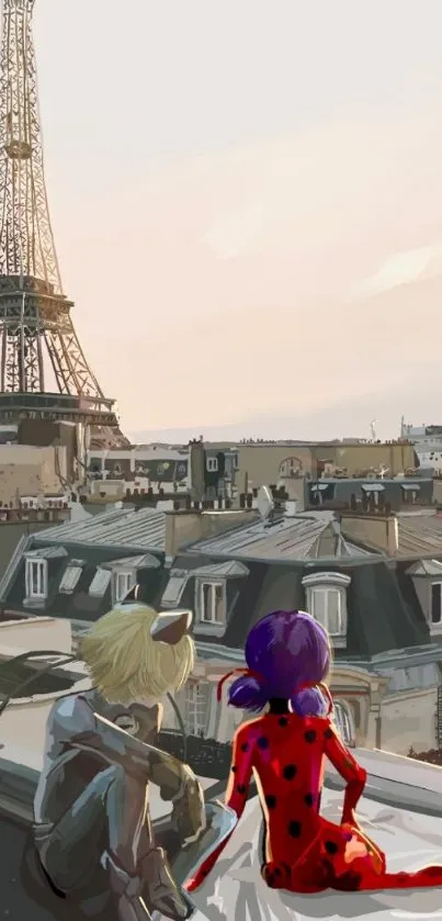 Anime characters on Paris rooftop with Eiffel Tower view.