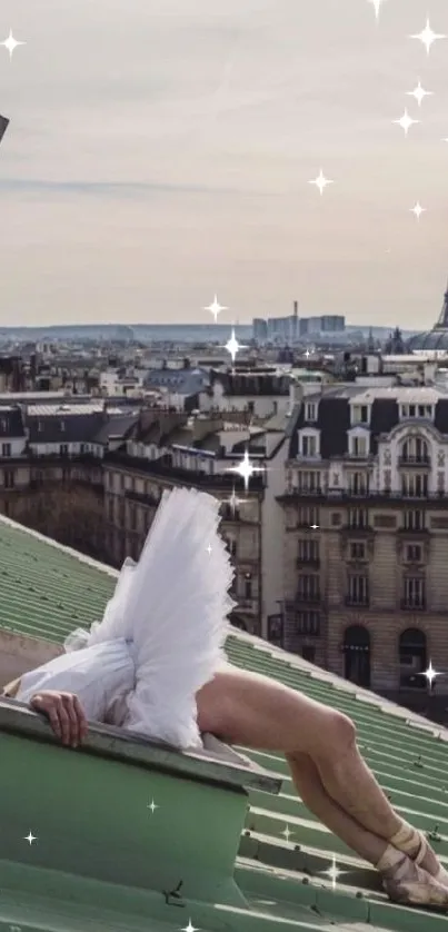 Ballerina on a Paris rooftop with Eiffel Tower.