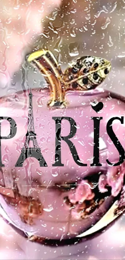 Paris themed pink apple wallpaper with Eiffel Tower motif.