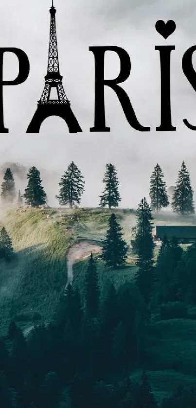Paris landscape with misty forest and Eiffel Tower icon.