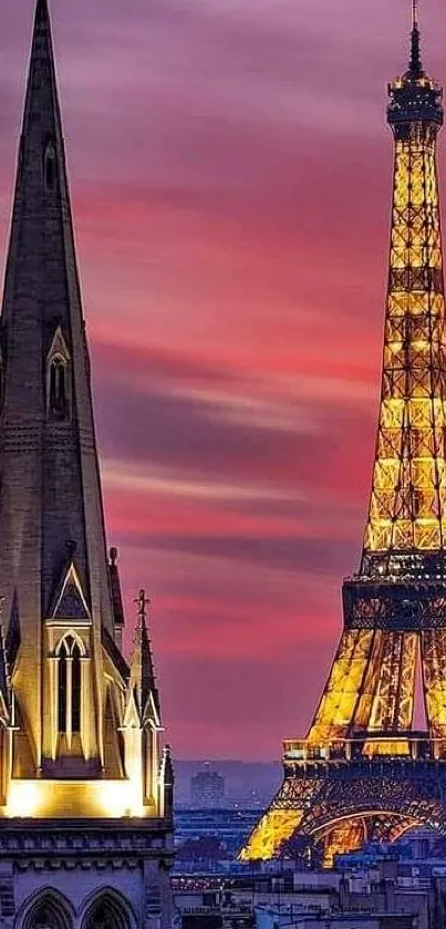 Eiffel Tower and Paris skyline at sunset with vibrant sky.