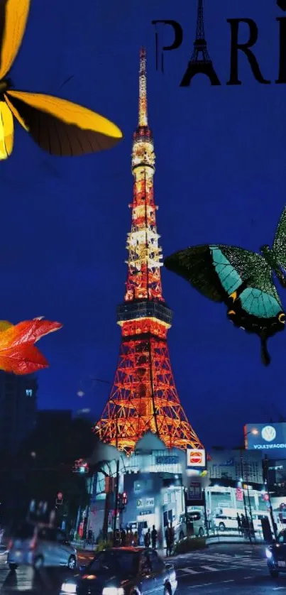 Paris tower with butterflies at night, vibrant cityscape.