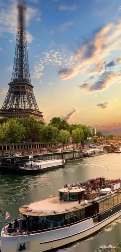 Eiffel Tower and riverboat under a vibrant sunset sky.