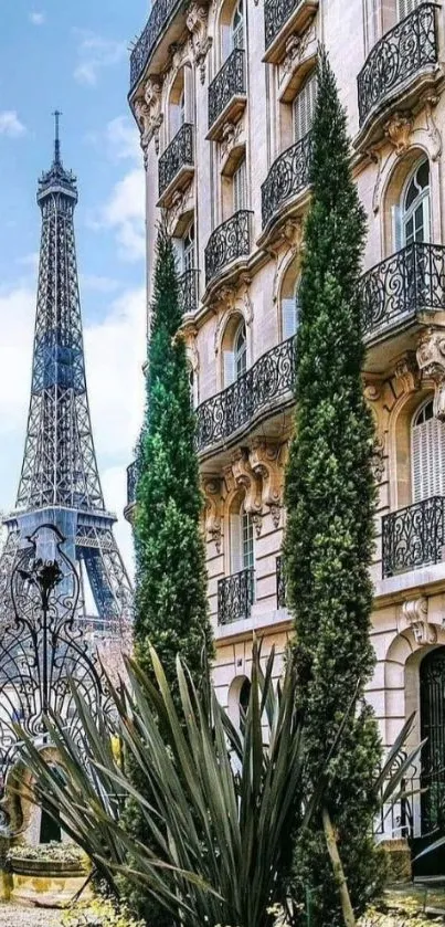 Charming view of the Eiffel Tower framed by elegant Parisian buildings.