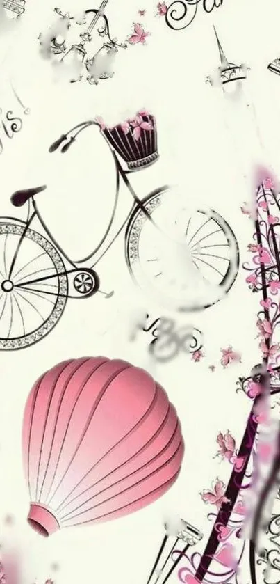 Paris-themed wallpaper with bicycle, Eiffel Tower, and hot air balloon in pink tones.