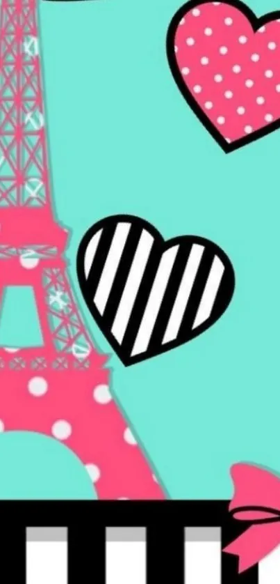 Pink Eiffel Tower and hearts wallpaper with turquoise background.