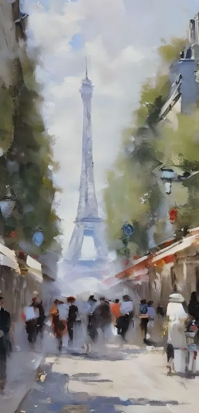 Artistic Paris street scene with Eiffel Tower centered.