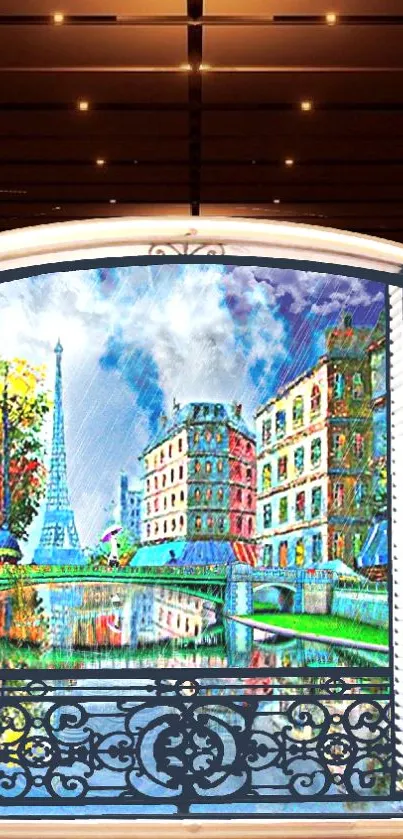 Colorful view of Paris from a window, highlighting the Eiffel Tower.