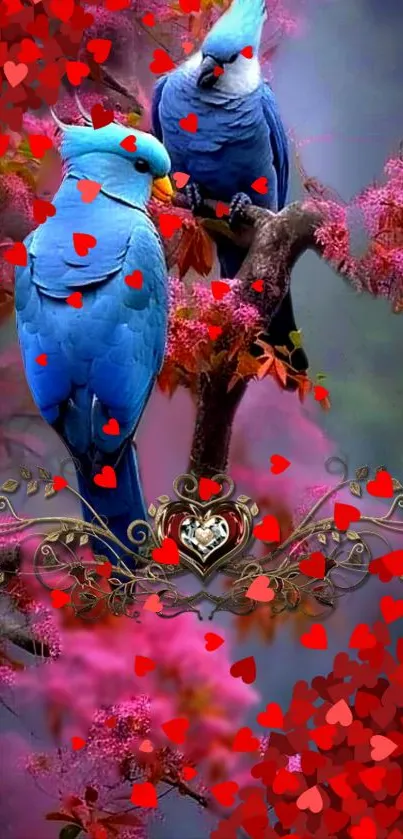 Colorful parrot wallpaper with hearts and blossoms for mobile.