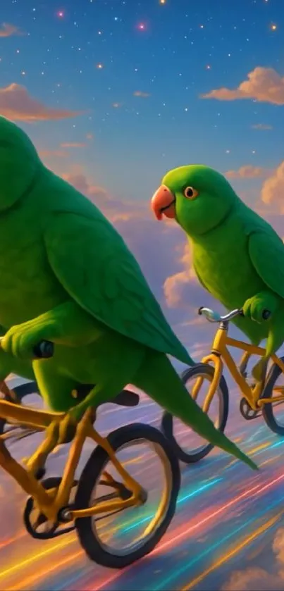 Green parrots riding bicycles in a colorful sky