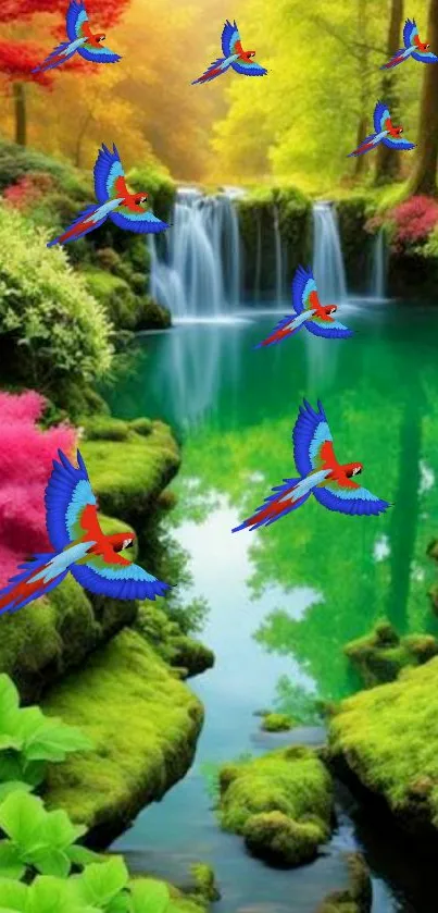 Vibrant parrots fly over a lush waterfall in a green forest landscape wallpaper.