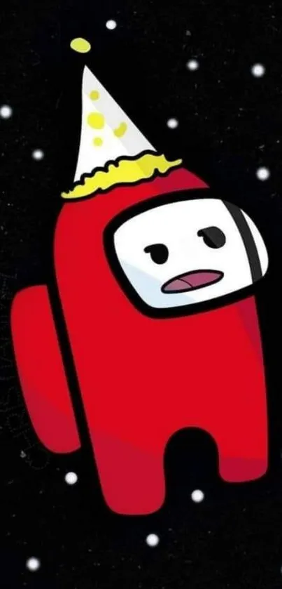 Red character with a party hat on a black starry background.