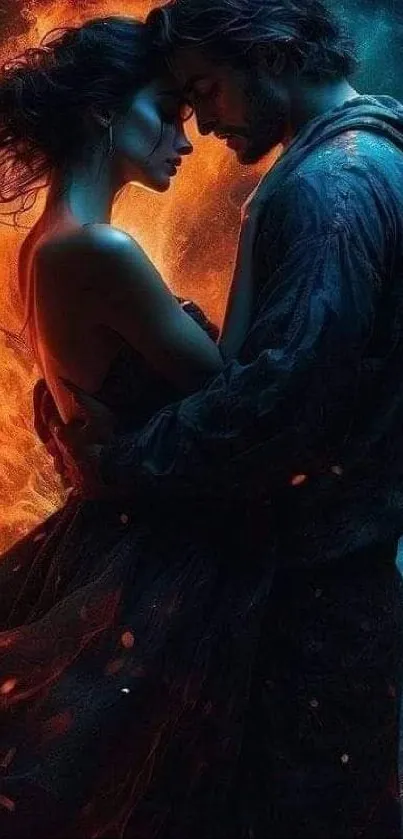 Passionate couple in fiery embrace wallpaper.