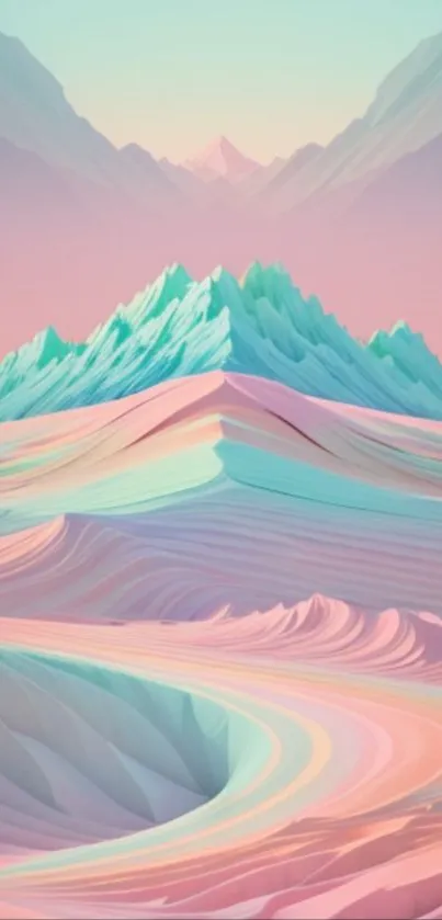 Pastel abstract landscape wallpaper with mountains and vibrant hues.