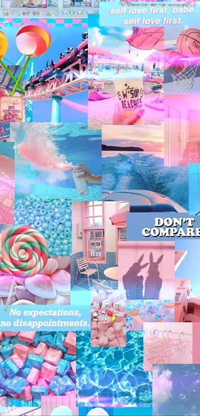 Pastel aesthetic collage wallpaper with pink and blue tones.