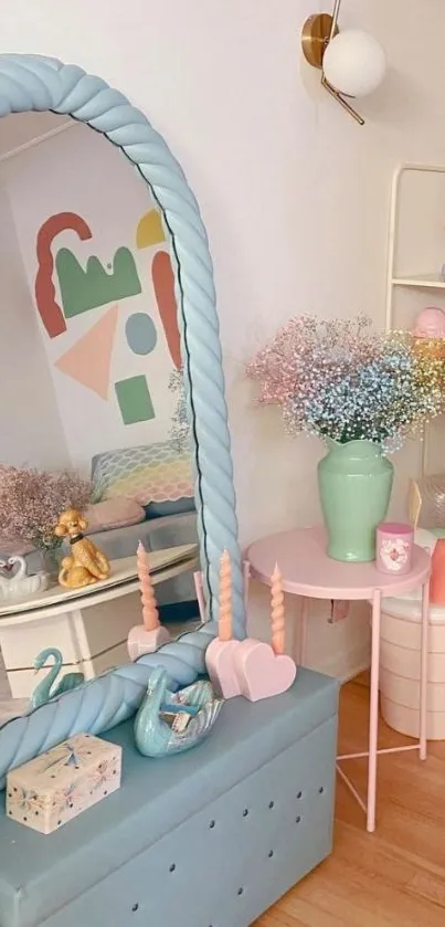 Charming pastel-themed room with decor and mirror.