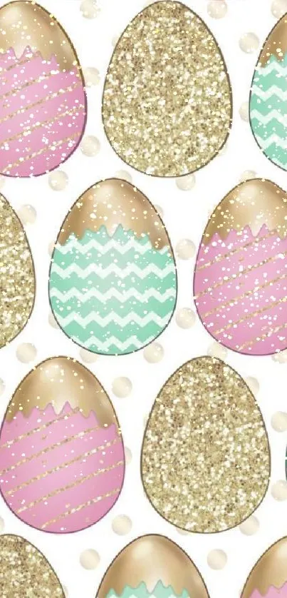 Pastel Easter eggs with gold glitter pattern design.