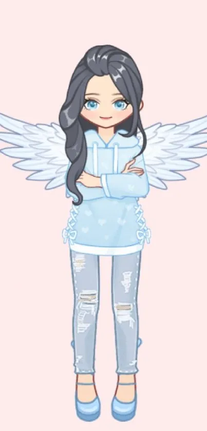 Pastel wallpaper with angel girl character and wings, set on a soft pink background.