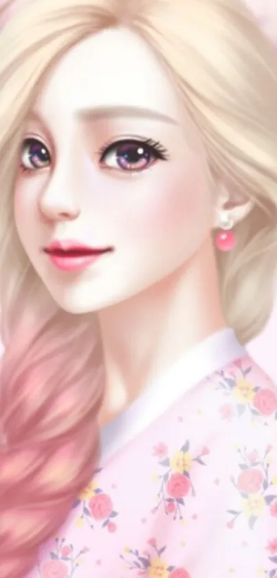 Pastel portrait of an animated girl with pink florals, perfect for mobile wallpaper.