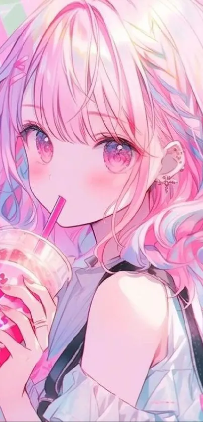 Anime girl with pink hair sipping a drink in a pastel color scheme.