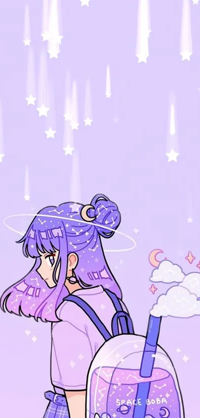 Anime girl with purple hair in a starry sky background wallpaper.