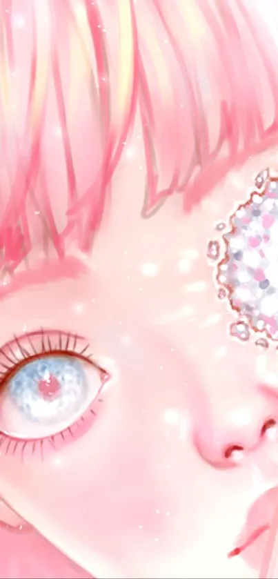 Anime girl with pastel pink hair and intricate eye design.