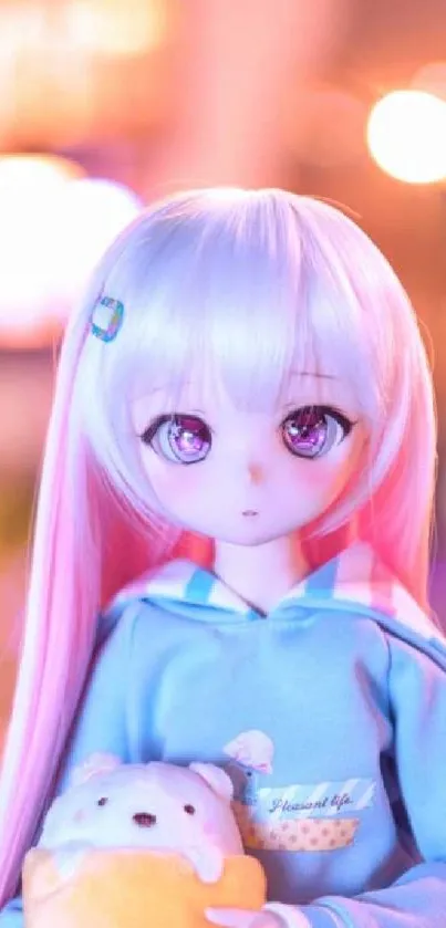 Anime doll with pastel colors and bokeh background.