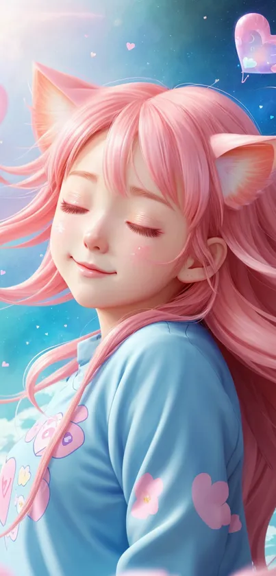 Pink-haired anime character in a dreamy pastel fantasy setting.