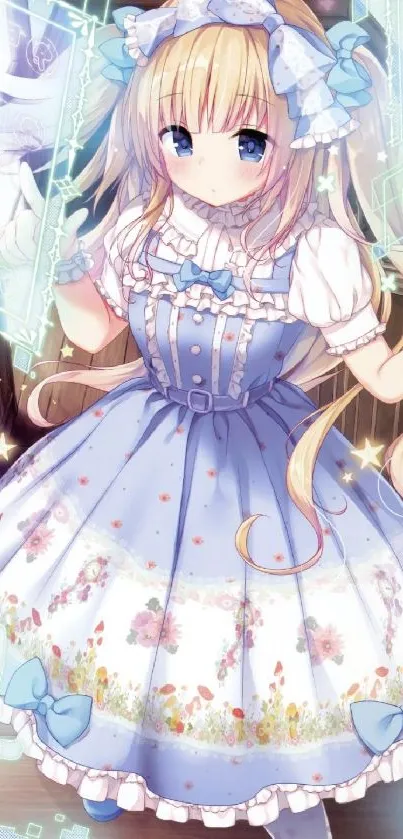 Anime girl in pastel blue dress with fantasy elements.