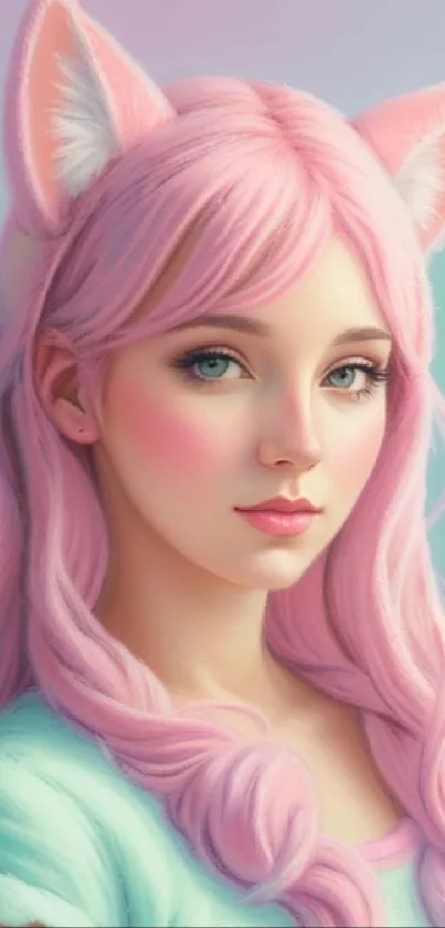 Anime girl with pink hair and cat ears in pastel colors.