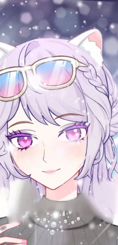 Pastel anime girl with sunglasses in cute design.